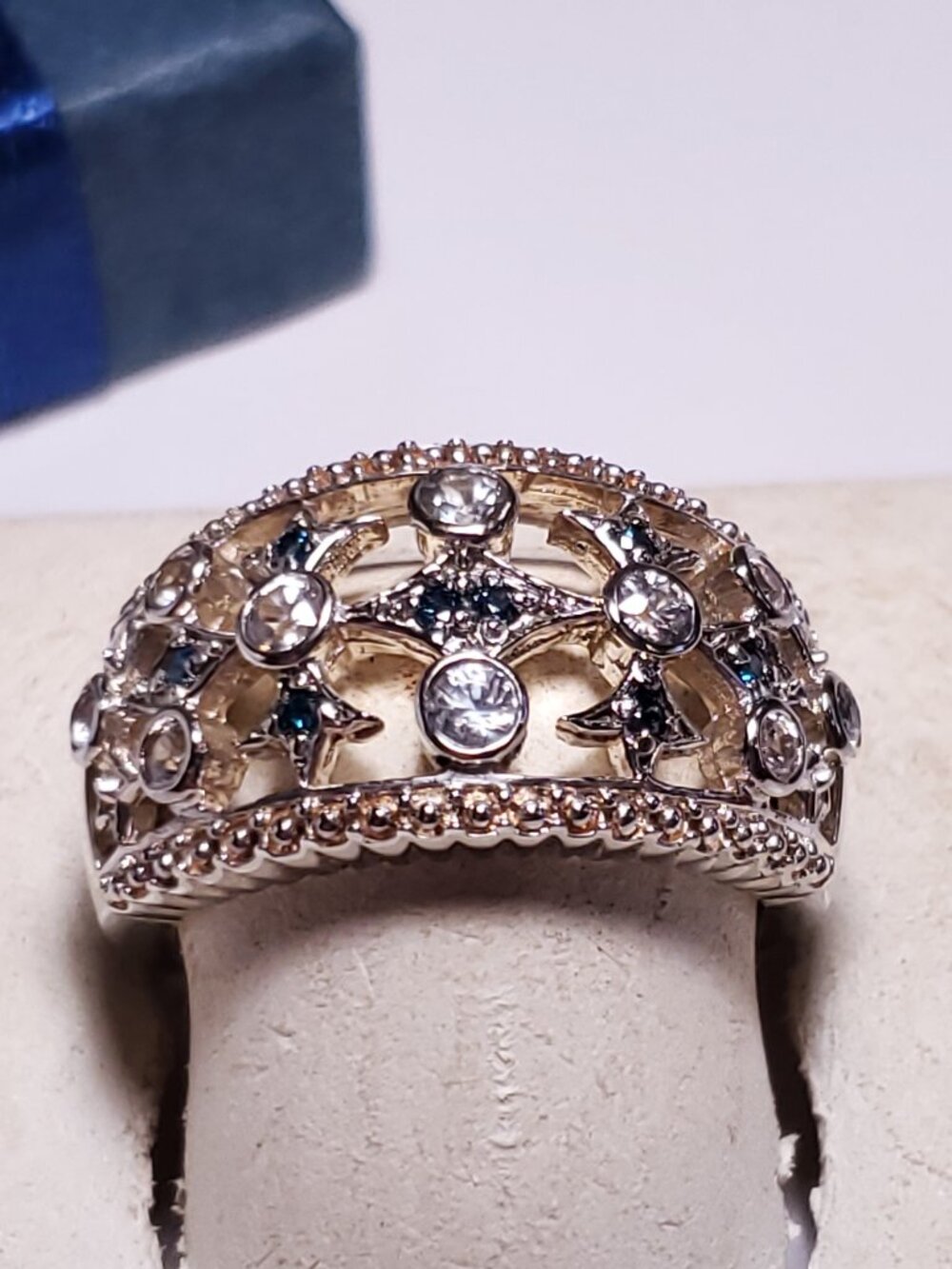 Estate .76ctw Natural Blue Diam & Sapphire open Bezel Sterling 925Band Ring24423